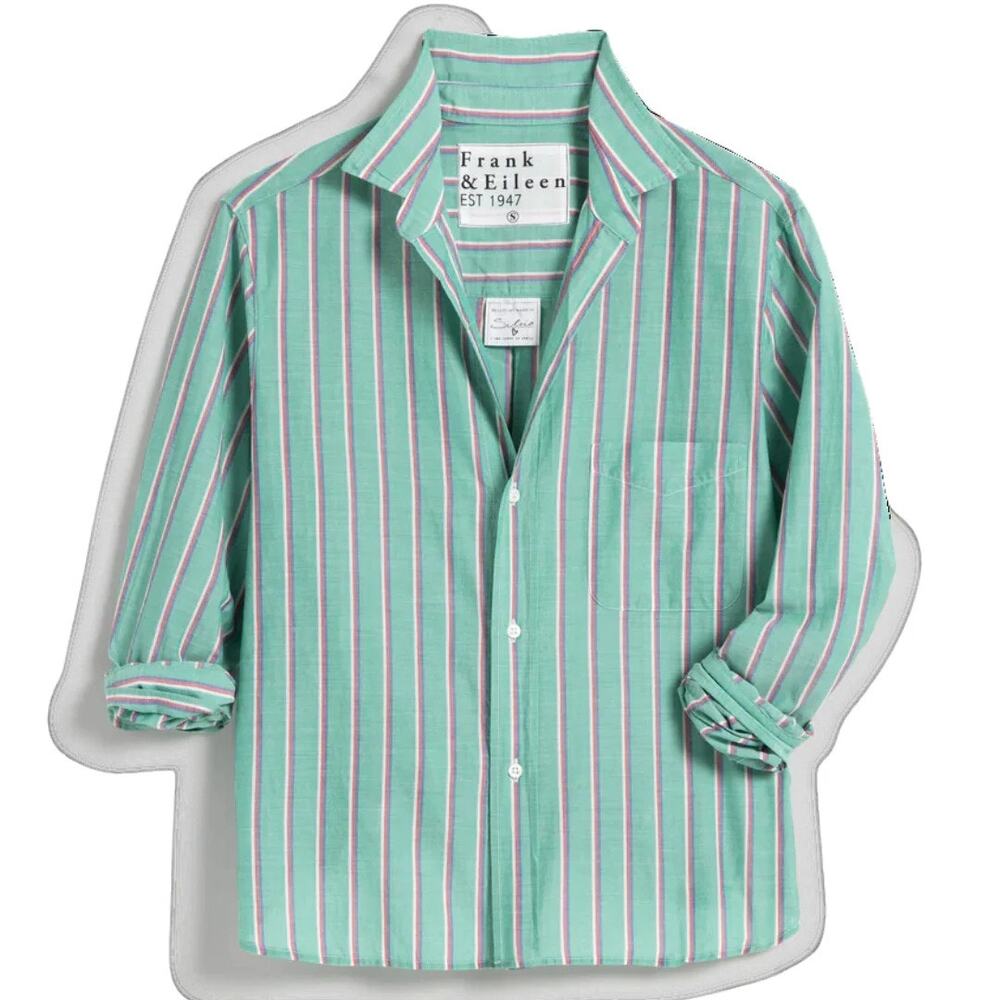 New Frank & Eileen Shirley Cotton Button-Up Shirt Green Striped Long Sleeve Sz S